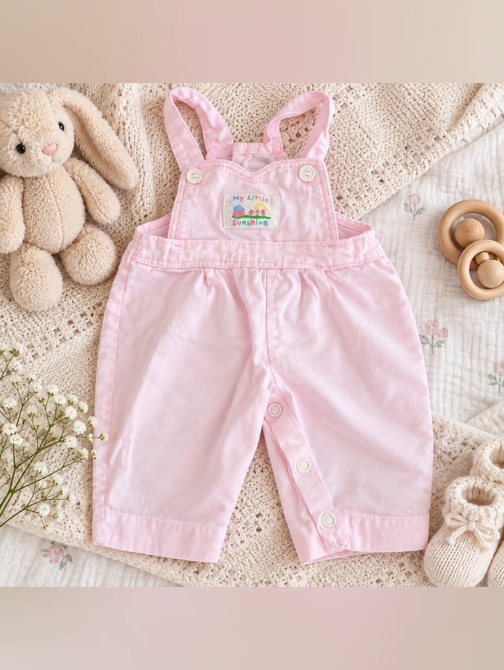 Vintage My Little Sunshine Pink Cotton Baby Overalls Newborn